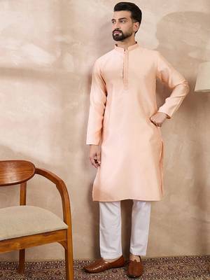 Men peach silk blend solid embroidered straight kurta 3