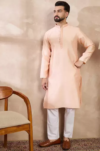 Men peach silk blend solid embroidered straight kurta