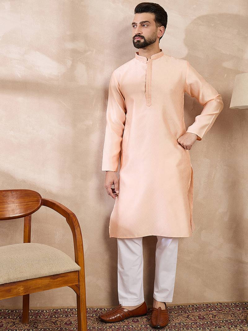 Men peach silk blend solid embroidered straight kurta