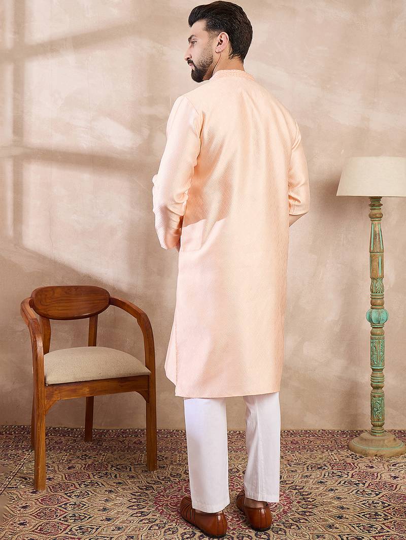 Men peach silk blend solid embroidered straight kurta