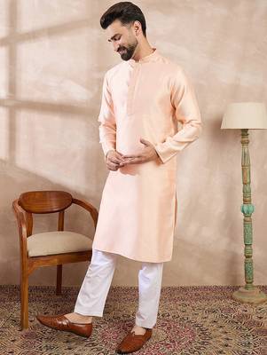 Men peach silk blend solid embroidered straight kurta 5