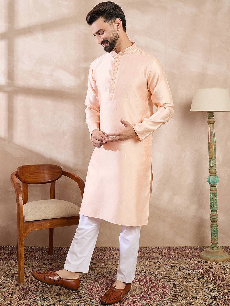 Men peach silk blend solid embroidered straight kurta