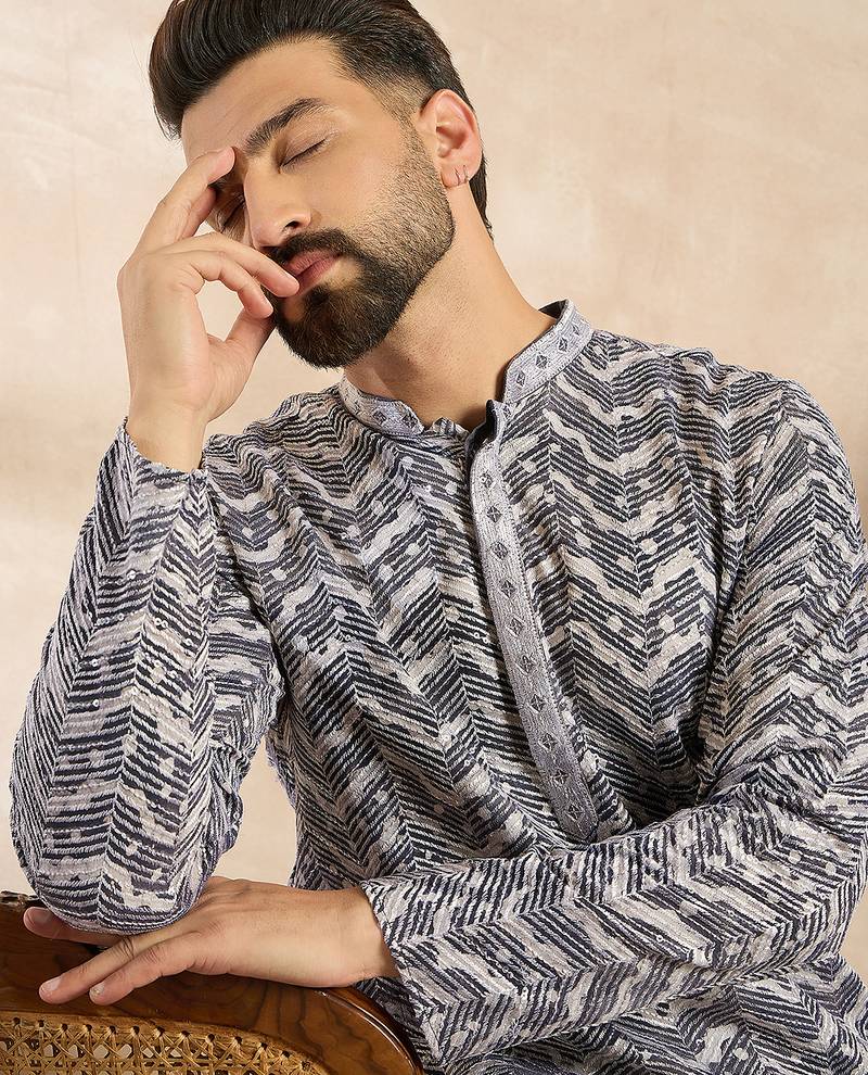 Men navy blue polyester batik embroidered straight kurta