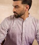 Men lavender silk blend ombre embroidered straight kurta