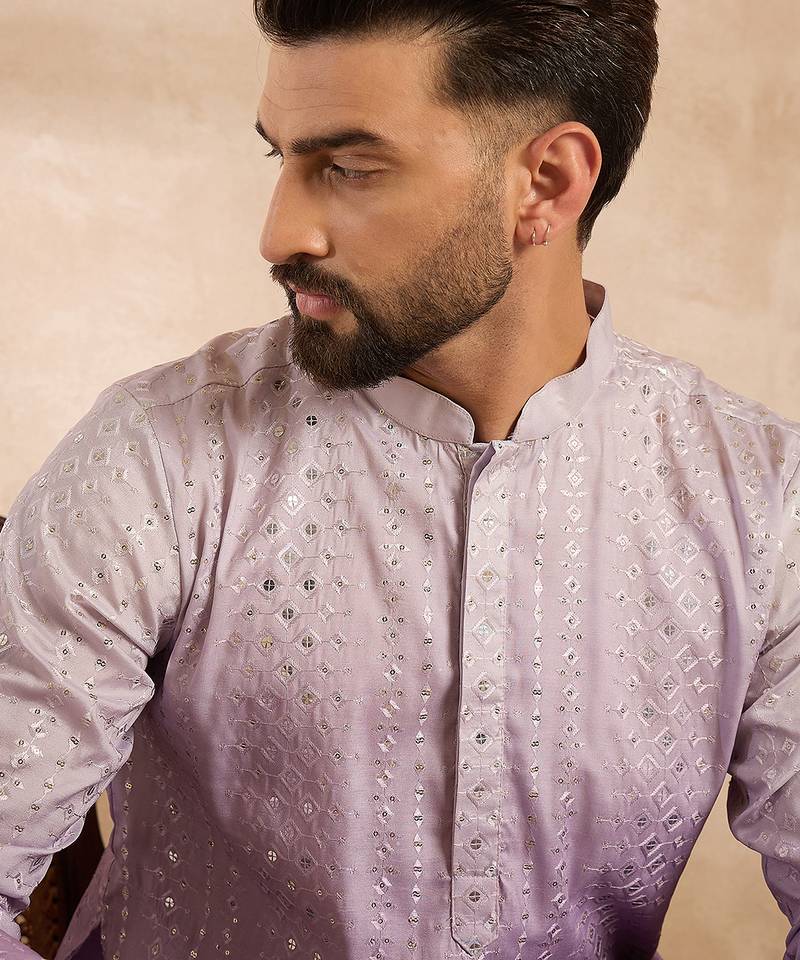 Men lavender silk blend ombre embroidered straight kurta