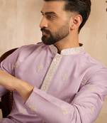 Men lavender polyester solid embroidered straight kurta