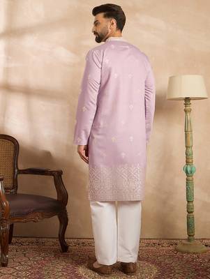 Men lavender polyester solid embroidered straight kurta 4