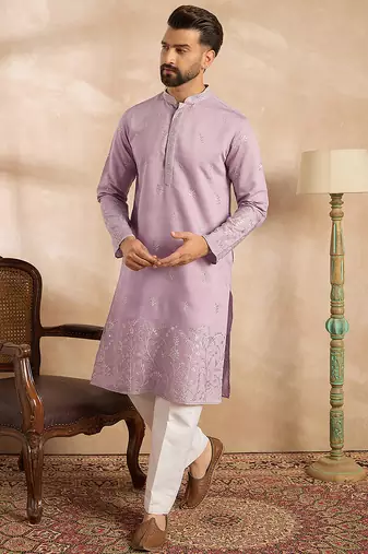 Men lavender silk blend floral embroidered straight kurta