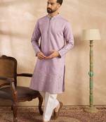 Men lavender silk blend floral embroidered straight kurta