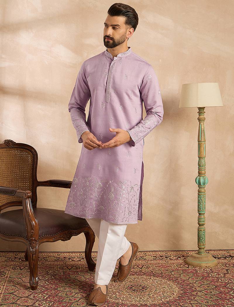 Men lavender silk blend floral embroidered straight kurta