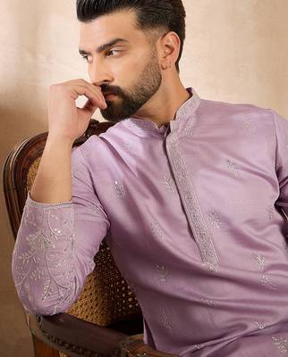 Men lavender silk blend floral embroidered straight kurta 2