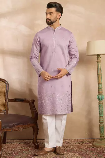 Men lavender silk blend floral embroidered straight kurta