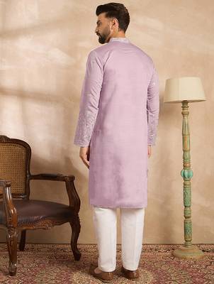 Men lavender silk blend floral embroidered straight kurta 4