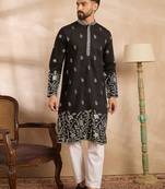Men black silk blend solid embroidered straight kurta