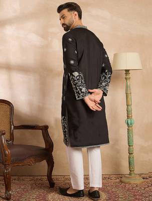 Men black silk blend solid embroidered straight kurta 4
