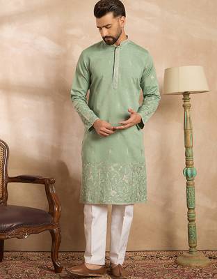 Men green silk blend solid embroidered straight kurta 1