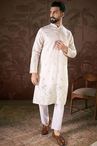 Men white silk blend floral embroidered straight kurta