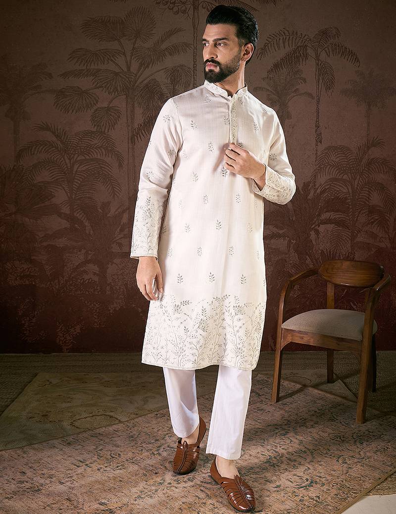 Men white silk blend floral embroidered straight kurta