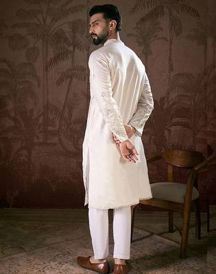 Men white silk blend floral embroidered straight kurta 4