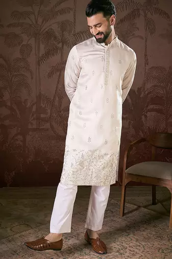Men white silk blend floral embroidered straight kurta