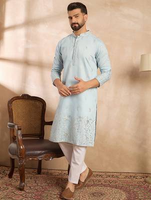 Men blue silk blend solid embroidered straight kurta 1