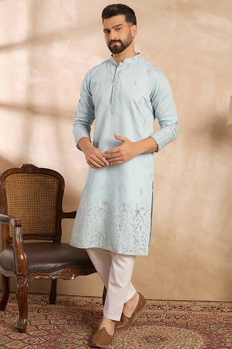 Men blue silk blend solid embroidered straight kurta