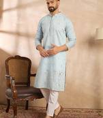 Men blue silk blend solid embroidered straight kurta