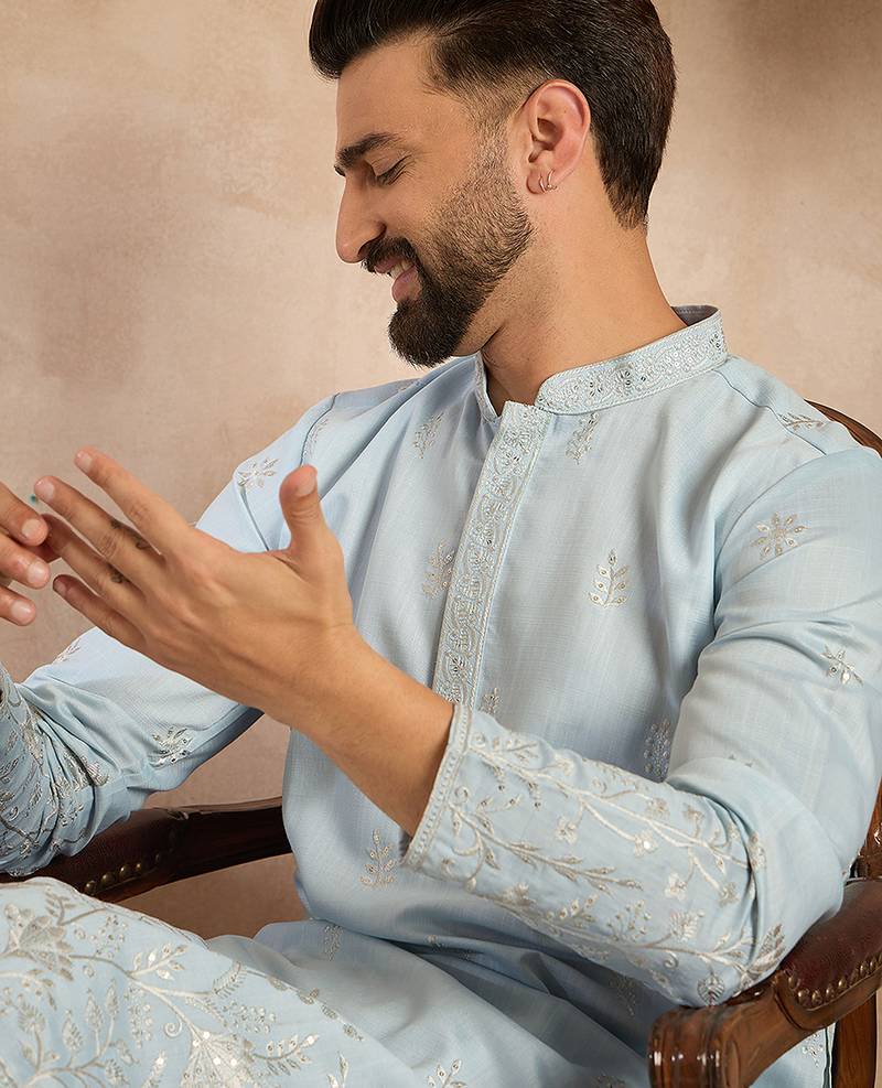 Men blue silk blend solid embroidered straight kurta