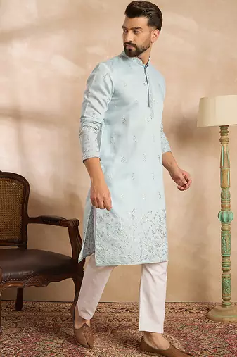 Men blue silk blend solid embroidered straight kurta