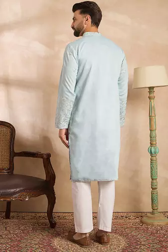 Men blue silk blend solid embroidered straight kurta