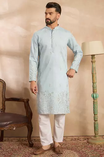 Men blue silk blend solid embroidered straight kurta