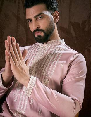 Men pink silk blend solid embroidered straight kurta 1