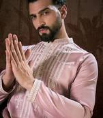 Men pink silk blend solid embroidered straight kurta