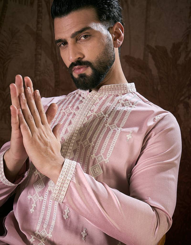 Men pink silk blend solid embroidered straight kurta