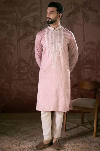 Men pink silk blend solid embroidered straight kurta
