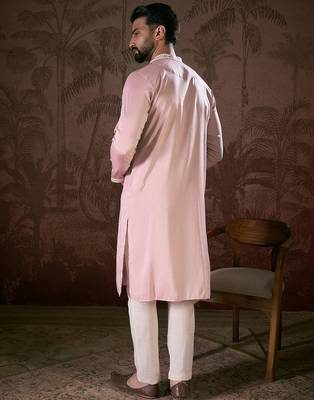 Men pink silk blend solid embroidered straight kurta 4
