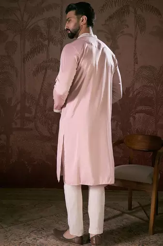 Men pink silk blend solid embroidered straight kurta