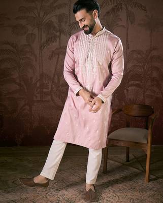 Men pink silk blend solid embroidered straight kurta 5