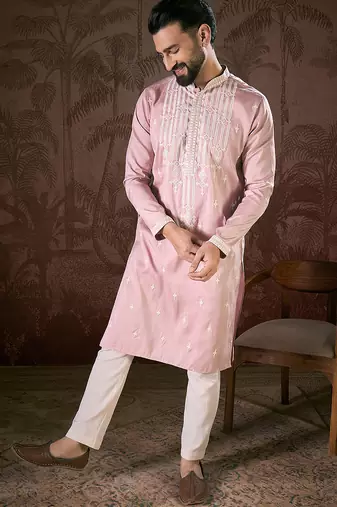 Men pink silk blend solid embroidered straight kurta