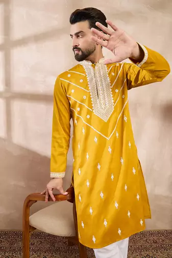 Men yellow silk blend ethnic motifs embroidered straight kurta