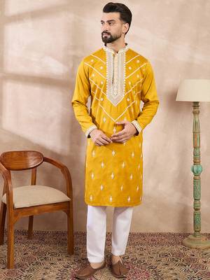 Men yellow silk blend ethnic motifs embroidered straight kurta 2