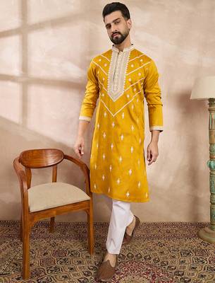 Men yellow silk blend ethnic motifs embroidered straight kurta 3