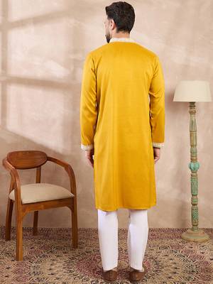 Men yellow silk blend ethnic motifs embroidered straight kurta 4
