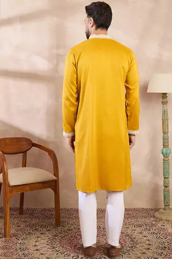 Men yellow silk blend ethnic motifs embroidered straight kurta