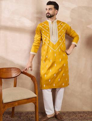 Men yellow silk blend ethnic motifs embroidered straight kurta 5