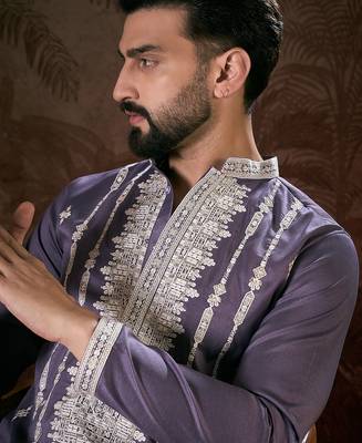 Men lavender silk blend solid embroidered straight kurta 1