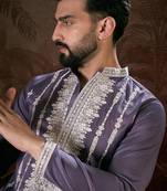 Men lavender silk blend solid embroidered straight kurta