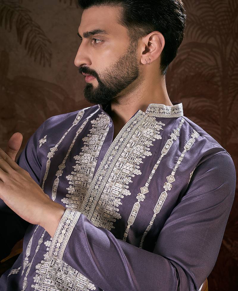 Men lavender silk blend solid embroidered straight kurta