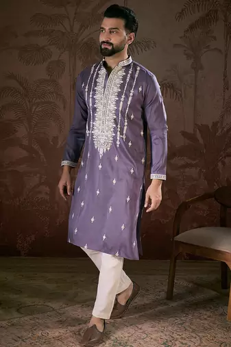 Men lavender silk blend solid embroidered straight kurta