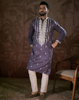 Men lavender silk blend solid embroidered straight kurta 5